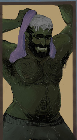 armpit_fetish armpit_hair bodily_fluids body_hair bulge detailed_bulge genital_outline male musclegut muscular penis_outline solo sweat sweatdrop pupcatnip humanoid orc absurd_res hi_res