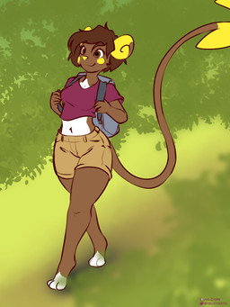 anthro backpack barefoot bottomwear breasts brown_hair clothing digitigrade feet female hair navel shirt short_hair shorts smile solo topwear walking halcy0n nintendo pokemon fan_character alolan_form alolan_raichu generation_7_pokemon pokemon_(species) regional_form_(pokemon) 3:4 digital_media_(artwork) hi_res