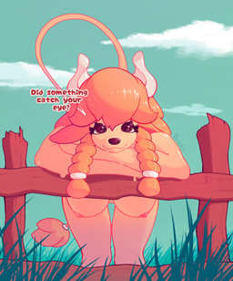 :3 anthro big_breasts black_heart blonde_hair blue_background bovid_horn bovine_horn braided_hair breasts brown_fence cloud cloudy_sky cow_horn female fence front_view grass green_grass hair hanging_breasts head_on_arm heart_eyes heart_symbol horn leaking leaning leaning_forward leaning_on_fence leaning_on_object legs_together long_hair looking_at_viewer nipples nude pink_nipples plant purple_eyes raised_tail simple_background sky smile solo standing tail tail_tuft talking_to_viewer tan_body text thick_thighs thigh_gap tuft white_clouds white_horn wood wood_fence twiks squizzy_(twiks) bovid bovine cattle mammal 2025 artist_name colored_sketch english_text hi_res sketch