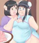 anthro asian_clothing big_ears bodily_fluids breasts chinese_clothing chinese_dress cleavage clothed clothing dress duo east_asian_clothing eating feeding female female/female floppy_ears food forced furniture hands_behind_back kemono nervous obese open_mouth overweight overweight_female smile standing table tears teeth thick_thighs tongue roina domestic_pig mammal suid suina sus_(pig) 2015