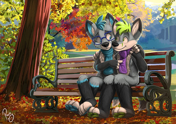 anthro arm_around_shoulders bench blue_body blue_eyes blue_fur blue_hair blue_pawpads blue_scarf closed_smile day duo fur glistening glistening_eyes green_eyes green_hair green_pawpads hair leaf logo male mouth_closed outside pawpads plant purple_scarf scarf short_hair sitting smile tree white_body white_fur young young_anthro young_male pandapaco canid canine fox mammal artist_logo digital_media_(artwork) digital_painting_(artwork) painting_(artwork) signature
