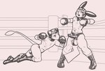 anthro ballboxing balls balls_outline boxing boxing_gloves bulge clothed clothing cock_sheath detailed_bulge duo erection erection_under_clothing fight fighting_ring genital_outline genitals handwear headgear imminent_genital_torture leather leather_clothing leather_headgear levitation male male/male open_mouth penis penis_clothing penis_outline sport tail thong tremble_spikes underwear dcheese nintendo pokemon generation_1_pokemon legendary_pokemon mew_(pokemon) pikachu pokemon_(species) 2023 absurd_res digital_media_(artwork) hi_res monochrome