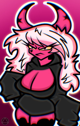 breasts cleavage clothed clothing female hoodie oversized_clothing solo topwear unknown_artist hellaverse helluva_boss verosika_mayday demon humanoid hi_res