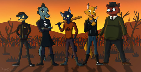 anthro bat_(object) boots bottomwear cigarette clothing crossed_arms dagger female footwear group hat headgear headwear male melee_weapon open_mouth pants shoes weapon jde10 night_in_the_woods angus_delaney bea_santello germ_warfare_(nitw) gregg_lee mae_borowski avian bat bear bird canid canine crocodile crocodilian domestic_cat felid feline felis fox mammal reptile scalie 2017 absurd_res hi_res