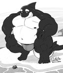 anthro barefoot beach belly big_muscles bulge clothed clothing crouching feet fin hands_on_knees hands_on_legs looking_down male muscular muscular_anthro muscular_male navel nipples overweight overweight_anthro overweight_male palm_tree pecs plant solo tail topless tree underwear water deadanthro paul_(deadanthro) arthropod cetacean crustacean dolphin hermit_crab malacostracan mammal marine oceanic_dolphin orca toothed_whale 2020 monochrome signature