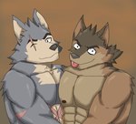 anthro blue_body blue_fur brown_body brown_fur duo eye_scar facial_scar fur hug male muscular muscular_male pecs scar tan_body tan_fur marimo1007day anothereidos_of_dragon_vein_r orta_(anothereidos_r) pollon_(anothereidos_r) canid canine canis jackal mammal wolf hi_res