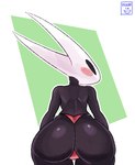 anthro big_butt bottomless butt butt_focus clothed clothing female gradient_background horn huge_butt huge_thighs looking_at_viewer looking_back looking_back_at_viewer shoulder_pads simple_background solo standing thick_thighs unaware underwear moonix_xero hollow_knight team_cherry hornet_(hollow_knight) arthropod absurd_res hi_res