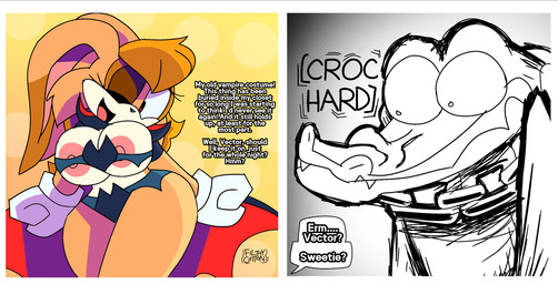 anthro big_breasts bra breasts brown_eyes brown_hair cape chain_necklace clothed clothing costume duo female gloves hair handwear holidays jewelry male mature_anthro mature_female necklace nipple_slip nipples one_eye_closed open_mouth panties pink_nipples simple_background smile style_change tan_body text underwear vampire_costume white_body yellow_background unfortu-nate halloween sega sonic_the_hedgehog_(series) vanilla_the_rabbit vector_the_crocodile crocodile crocodilian lagomorph leporid mammal rabbit reptile scalie 2025 comic digital_media_(artwork) english_text hi_res sketch