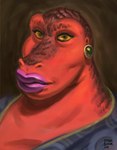 anthro big_mouth_(anatomy) blue_clothing blue_topwear clothing ear_piercing ear_ring expressionism eyelashes female glistening glistening_lips jewelry lips lipstick looking_at_viewer makeup overweight piercing pink_lipstick red_body red_scales red_skin ring_piercing scales simple_background smile solo thick_lips topwear yellow_eyes dyna_soar dinosaur prehistoric_species reptile scalie saurian_(disambiguation) 2021 bust_portrait hi_res portrait signature three-quarter_portrait