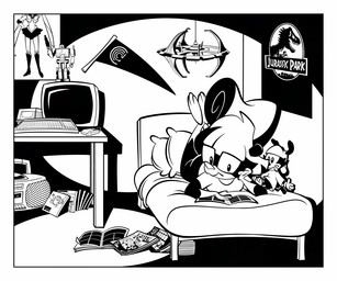 anthro bangs bed biped boombox bottomless breasts clothed clothed_anthro clothed_female clothing comic_book crossed_ankles eyewear female female_anthro figurine furniture glasses gloves_(marking) hair inside leg_markings looking_at_viewer lying lying_on_bed markings movie_poster on_bed on_front pose poster short_hair smile socks_(marking) solo wearing_glasses stanmort amiga_(computer) animaniacs hasbro jurassic_park marvel nevermind_(nirvana) nirvana sabrina_online sailor_moon_(series) star_trek_deep_space_9 takara_tomy transformers universal_studios warner_brothers x-men sabrina_(sabrina_online) wakko_warner mammal mephitid skunk 6:5 black_and_white digital_drawing_(artwork) digital_media_(artwork) full-length_portrait hatching_(art) line_art monochrome portrait shaded simple_shading