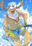 anthro athletic athletic_anthro athletic_male bell bell_collar blue_eyes blush bottomwear brown_body brown_fur clothing collar fur male pecs shorts solo swim_ring swimwear kusarikakemono lifewonders tokyo_afterschool_summoners yule_(tas) deer mammal new_world_deer reindeer hi_res