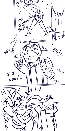 anthro biped blush bodily_fluids bottomwear cellphone clothed clothed_anthro clothed_female clothed_male clothing dialogue electronics embarrassed exclamation_point female female_anthro hair hamlet_of_troy headpat laugh long_hair male male_anthro open_mouth phone plantigrade question_mark shorts smartphone sweat tail tail_motion tailwag text anonymous_artist bittersweet_candy_bowl fan_character mike_(bcb) bird_dog canid canine canis domestic_cat domestic_dog felid feline felis golden_retriever hunting_dog korat_cat mammal retriever absurd_res black_and_white comic digital_drawing_(artwork) digital_media_(artwork) english_text hi_res line_art monochrome