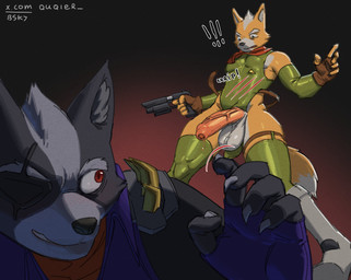 accident accidental_exposure anthro balls big_penis bodily_fluids clothing duo erection eye_patch eyewear fingerless_gloves foreskin fur genital_fluids genital_raphe genitals gloves green_clothing grey_body grey_fur gun handgun handwear holding_gun holding_handgun holding_object holding_pistol holding_ranged_weapon holding_weapon humanoid_genitalia humanoid_penis jacket kerchief leotard male neckerchief neckwear orange_body orange_fur penis pistol precum ranged_weapon raphe_(anatomy) red_eyes scrotal_raphe tight_clothing topwear vein veiny_penis wardrobe_malfunction weapon quqier nintendo star_fox fox_mccloud wolf_o'donnell canid canine canis fox mammal wolf absurd_res hi_res