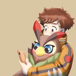 ambiguous_gender anthro beak blue_eyes blush brown_body brown_feathers brown_hair cellphone duo electronics feathers hair hug male male/ambiguous phone simple_background smartphone mofumi_corvus bandai_namco digimon digimon_survive falcomon_(survive) minoru_hyuga digimon_(species) falcomon human mammal 1:1 hi_res