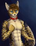 abs anthro athletic biceps biped black_nose blue_eyes brown_body brown_fur brown_hair claws clothed clothing collar fur grey_body grey_fur hair looking_at_viewer male markings muscular muscular_anthro pecs pose smile solo spots standing tan_body tan_fur topless yellow_body yellow_fur coyrin azerawr cheetah felid feline mammal hi_res