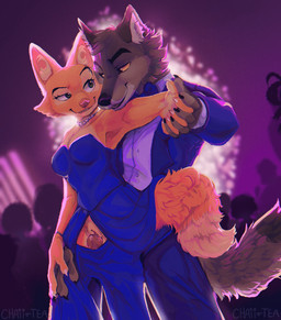 anthro bite biting_lip bodily_fluids boyfriend/girlfriend canon_couple clothed clothed_sex clothing dancing duo eyebrow_piercing eyebrows facial_piercing female fluffy fluffy_tail genital_fluids genitals hand_holding holding_partner humanoid_genitalia looking_at_another male male/female piercing precum public public_sex pussyjob raised_eyebrow seductive sex tail vaginal_fluids voyeur chaii-tea dreamworks the_bad_guys diane_foxington mr._wolf_(the_bad_guys) canid canine canis fox mammal wolf hi_res