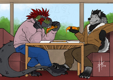 anthro anthro_on_anthro black_body black_claws black_fur black_tail blue_bottomwear blue_clothing blue_pants bottomwear brown_bottomwear brown_clothing brown_jacket brown_pants brown_topwear claws clothed clothing duo fangs food fur grey_body grey_fur grey_tail grin head_feathers holding_food holding_object holding_pizza inside jacket male male/male pants pink_clothing pink_topwear pizza side_view sitting smile tail teeth toe_claws topwear hufnaar canid canine dinosaur mammal prehistoric_species reptile scalie