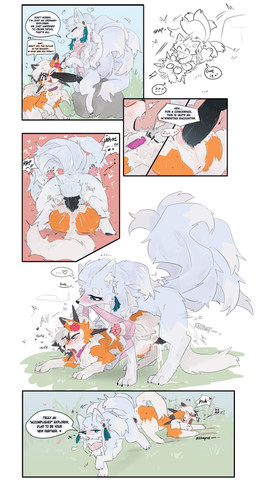 accessory after_sex animal_genitalia animal_penis anus balls big_penis black_penis bodily_fluids canine_genitalia canine_penis collar cum cum_splatter dialogue dragging duo eyelashes fangs female female_penetrated femboy feral flower flower_in_hair from_behind_position fur genital_fluids genitals grass_field hair hair_accessory heart_symbol humanoid_genitalia humanoid_vulva knot knot_dragging knotting lying male male/female male_penetrating multicolored_body multicolored_fur multiple_positions on_back orange_body orange_fur outside penetration penile penile_penetration penis penis_in_vagina penis_on_face pink_collar pink_scarf plant raised_tail restrained rock scarf sex simple_background snout speech_bubble stuck_knot tail teasing teeth text tuft vaginal vaginal_fluid_splatter vaginal_fluids vaginal_penetration vulva white_background white_body white_fur vitame83 nintendo pokemon kyuu_(kyuukon) soulsong_(celestial_wolf) alolan_form alolan_ninetales dusk_lycanroc generation_7_pokemon lycanroc pokemon_(species) regional_form_(pokemon) 2025 absurd_res comic digital_media_(artwork) english_text hi_res shaded simple_shading