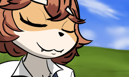 anthro brown_hair clothing collared_shirt countershading eyebrows eyes_closed fangs female hair shirt solo teeth topwear white_eyebrows anonymous_artist bliss_(image) microsoft microsoft_windows windows_xp bully_fox canid canine fox mammal 5:3 hi_res wallpaper
