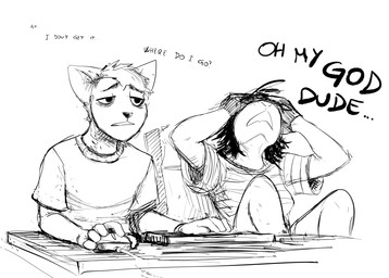 anthro black_nose chair clothed clothing computer_keyboard computer_mouse dialogue duo eye_bags eyewear female frustrated furniture glasses male narrowed_eyes on_chair simple_background sitting sitting_on_chair text white_background yelling hladilnik daniel_(hladilnik) marylin_(hladilnik) american_opossum canid canine canis mammal marsupial virginia_opossum wolf 2026 black_and_white english_text hi_res monochrome sketch
