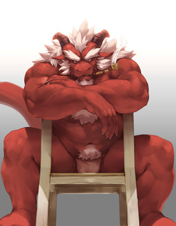2_horns anthro asian_clothing clothing east_asian_clothing eyebrows fundoshi hair horn japanese_clothing male musclegut muscular navel red_body red_skin simple_background solo tail underwear white_hair lowerkuo mythology dragon mythological_creature mythological_scalie scalie absurd_res hi_res