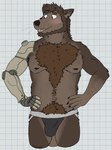 5_fingers anthro arm_hair beard belly biped black_clothing black_jockstrap black_underwear blush bodily_fluids body_hair brown_body brown_claws brown_eyebrows brown_fur brown_hair brown_inner_ear_fluff brown_nipples bulge checkered checkered_background chest_hair chest_tuft claws clothed clothing eyebrows facial_hair fingers fur green_eyes hair hands_on_hips happy_trail inner_ear_fluff jockstrap jockstrap_only looking_aside male male_anthro multicolored_body multicolored_clothing multicolored_underwear navel nervous nervous_sweat nipples open_mouth partially_clothed partially_clothed_male pattern_background prosthetic prosthetic_arm prosthetic_limb simple_background slightly_chubby solo standing sweat sweatdrop topless tuft underwear underwear_only whiskers white_background white_sclera unsafescapewolf roads_yet_traveled rhoun_(roads_yet_traveled) canid canine canis domestic_dog mammal 2024 digital_drawing_(artwork) digital_media_(artwork) hi_res portrait three-quarter_portrait