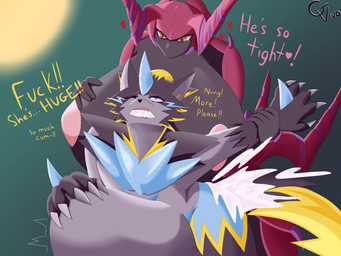 2_tails abdominal_bulge anal anthro big_breasts big_penis blue_eyes bodily_fluids breasts cheek_tuft chest_tuft claws clenched_teeth cum cum_inflation cum_inside duo facial_tuft genital_fluids genitals gynomorph gynomorph/male gynomorph_penetrating heart_symbol horn huge_breasts huge_penis hyper hyper_breasts inflation intersex intersex/male intersex_penetrating male male_penetrated multi_tail penetration penis profanity sharp_teeth speech_bubble spikes tail teeth text tuft yellow_eyes geekovivo nintendo pokemon pokemon_legends_z-a arthropod felid generation_5_pokemon generation_9_pokemon insect legendary_pokemon mammal mega_evolution mega_zeraora pokemon_(species) scolipede 4:3 absurd_res english_text hi_res