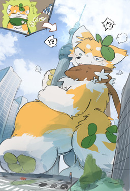 ambiguous_gender anthro blue_sky blush brown_scarf city cloud day fur hugging_building kemono looking_down macro orange_body orange_fur pawpads ranged_weapon raygun scarf size_transformation sky standing transformation vehicle weapon white_body white_fur yellow_pawpads raferafe nui_(nui_dognun) canid canine canis domestic_dog mammal absurd_res hi_res