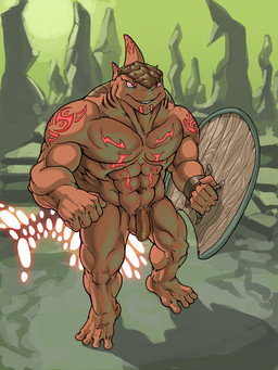 4_toes 5_fingers abs abstract_background anthro balls barefoot biceps big_muscles biped brown_balls brown_penis feet fin fingers flaccid foreskin front_view genitals glowing horn humanoid_genitalia humanoid_penis looking_at_viewer male muscular muscular_anthro muscular_male navel nude pecs penis plantigrade red_glow scales shield smile solo standing tattoo teeth toes berububs alien aquatic fish shark 3:4 archived_source digital_media_(artwork)