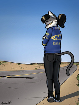 anthro bottomwear clothing denim denim_bottomwear denim_clothing desert female footwear fur jacket jeans looking_down multicolored_body multicolored_fur pants road sad shoes sneakers solo topwear walking_away apocheck13 converse elya_(apocheck13) domestic_cat felid feline felis mammal