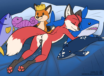 animal_genitalia animal_vulva anthro anus bed black_anus black_body black_ears black_fur black_vulva bodily_fluids canine_genitalia canine_vulva cum cum_on_vulva dipstick_tail eye_patch eye_patch_only eyewear fur furniture genital_fluids genitals lying markings nude on_bed on_front pawpads pillow plushie red_body red_fur red_tail sleeping solo tail tail_markings text vulva young young_anthro lichfang canid canine fox mammal 2025 hi_res url