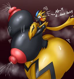 anthro areola big_areola big_breasts big_butt big_nipples blue_eyes blush bodily_fluids breasts butt female fur huge_breasts huge_butt hyper hyper_breasts hyper_butt lactating nipples simple_background solo standing surprised thick_thighs wide_hips yellow_body yellow_fur vf-01s nintendo pokemon felid generation_7_pokemon legendary_pokemon mammal pokemon_(species) zeraora 2025 hi_res