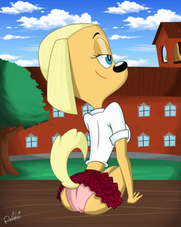 anthro black_nose blonde_hair blue_eyes bottomwear butt clothed clothing female fur hair panties pink_clothing pink_panties pink_underwear plant red_bottomwear red_clothing red_skirt school school_uniform skirt solo tail tan_body tan_fur tree underwear uniform upskirt white_collared_shirt yellow_ears yellow_tail davetoons innocenttazlet brandy_and_mr._whiskers disney brandy_harrington canid canine mammal 2013 4:5 absurd_res hi_res