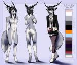 amber_eyes anthro antlers biped black_hair blue_eyes boots bottomwear breasts butt clothed clothing cloven_hooves color_swatch dipstick_tail featureless_breasts featureless_crotch female footwear fur grey_body grey_fur hair half-closed_eyes heterochromia hooves horn hosiery jacket legwear markings multicolored_tail narrowed_eyes necktie nude shirt shoes skirt solo standing stockings tail tail_markings thigh_highs thigh_stockings topwear two_tone_tail unguligrade white_body white_fur angiewolf canid canine deer fox hybrid mammal 2016 digital_media_(artwork) model_sheet multiple_images shaded