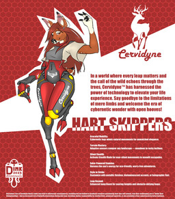 abstract_background advertisement anthro biped black_fingertips bodysuit brown_body brown_eyes brown_fur brown_hair clothing crop_top cyberpunk female female_anthro fur hair hooves piercing prosthetic shirt skinsuit solo spots text tight_clothing topwear white_spots josiedink cervine deer mammal english_text hi_res