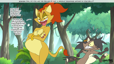 after_vore anthro belly black_hair brown_body brown_fur female female_pred forest fur group hair male outside overweight plant text tree trio vore yellow_body yellow_fur potateymatey fria_(potateymatey) leena_(potateymatey) marley_(potateymatey) felid hyena lion mammal pantherine 2026 english_text hi_res
