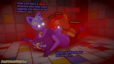anthro butt_smelling butt_sniffing duo fart fart_cloud fart_fetish fart_sniffing farting_in_mouth farting_in_nose farting_on_another farting_on_face female female/female lying on_front orange_body purple_body red_fart_cloud sniffing text farthuffer42 mob_entertainment poppy_playtime smiling_critters catnap_(poppy_playtime) dogday_(poppy_playtime) dorthy_(theycallhimcake) nilly_(theycallhimcake) felid feline mammal 16:9 english_text hi_res widescreen