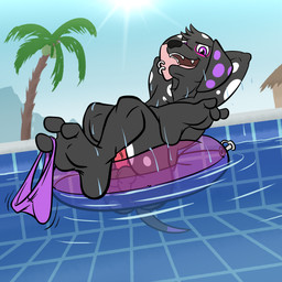 3_toes anthro anus balls black_body black_fur butt clothing crossed_legs ear_piercing ear_ring erection exhibitionism feet fingers fur genitals hands_behind_head humanoid_genitalia humanoid_penis inflatable jockstrap jockstrap_on_foot looking_at_viewer male nude open_mouth outdoor_nudity outside penis piercing plantigrade pool_float ring_piercing sitting smile soles solo speedo spots swimming_pool swimwear tail teeth toes underwear water wet bassybefuddle conditional_dnp 101_dalmatian_street 101_dalmatians disney dante_(101_dalmatians) canid canine canis dalmatian domestic_dog mammal 1:1 digital_media_(artwork) hi_res
