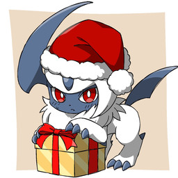 ambiguous_gender blue_body chibi christmas_clothing christmas_headwear claws clothing fangs feral forehead_gem gem gift hat headgear headwear holidays looking_at_viewer neck_tuft red_eyes santa_hat solo tail teeth tuft white_body noye christmas nintendo pokemon absol generation_3_pokemon pokemon_(species) 2025 digital_drawing_(artwork) digital_media_(artwork) hi_res