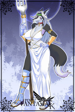 anthro armband armor big_breasts biped bracers breasts circlet cleavage clothed clothing collar cutlery dress female footwear fork gloves hand_on_hip handwear high_heels huge_breasts kemono kitchen_utensils legwear melee_weapon polearm red_eyes shoes socks solo toeless_footwear toeless_socks tools weapon kazuhiro canid canine canis mammal wolf hi_res