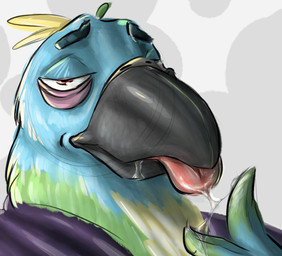 beak blue_body blue_feathers bodily_fluids feathers male red_eyes saliva saliva_string seductive solo tongue tongue_out anonymous_artist anon avian bird hi_res