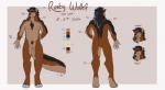 anthro black_body black_fur black_hair brown_body brown_fur chest_tuft claws featureless_crotch fur hair looking_at_viewer male multicolored_body multicolored_fur nude pubes smile solo standing tan_body tan_fur text toe_claws tuft yellow_eyes redpixie rusty_wollef canid canine canis mammal wolf english_text model_sheet