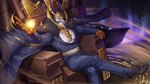 anthro chair clothing furniture gloves gold_mask golden_collar handwear jacket male solo throne topwear amon-sydonai dislyte egyptian_mythology lilith_games middle_eastern_mythology mythology sander_(dislyte) canid canine canis jackal mammal set_(species) 16:9 hi_res widescreen