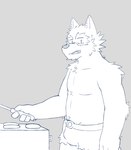 anthro arm_tuft bottomwear clothed clothing cutoffs denim denim_bottomwear denim_clothing elbow_tuft grill grilling male pubes shorts shoulder_tuft solo spatula talking_to_another tools topless tuft mrjosh47 password_(visual_novel) tyson_(password) canid canine canis mammal wolf absurd_res digital_drawing_(artwork) digital_media_(artwork) hi_res