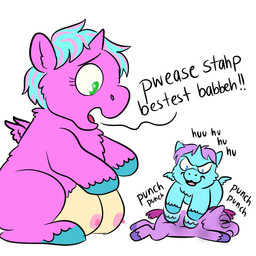 1_horn >_< abuse ambiguous_feral ambiguous_gender baby_talk beaten blue_body blue_eyes blue_fur blue_hair blue_hooves crotch_breasts dialogue evil_grin eyelashes eyes_closed female female_feral feral fur green_eyes group hair hooves horn lying mouth_closed multicolored_hair nipples on_front open_mouth pain pained_expression pink_body pink_fur pink_wings purple_body purple_fur purple_hair purple_hooves purple_tail simple_background sitting smile tail text tongue trio two_tone_hair violence white_background wings worried young young_ambiguous young_feral squeegull fluffy_pony mythology equid equine fluffy_pony_(species) mammal mythological_creature mythological_equine winged_unicorn 1:1 2025 absurd_res comic digital_media_(artwork) english_text flat_colors hi_res