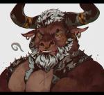 anthro beard black_bars ear_piercing facial_hair facial_piercing hair horn horn_jewelry horn_ring jewelry male muscular muscular_anthro muscular_male nose_piercing nose_ring pecs piercing ring_(jewelry) ring_piercing scar simple_background solo teeth white_background white_hair vetrowolf bovid bovine cattle mammal 2017 hi_res letterbox