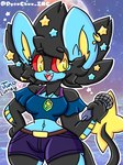 anthro black_hair blue_body bottomwear breasts clothed clothing electronics evolutionary_stone female generation_4_pokemon hair juno_(lewdchuu) lewdchuu_(artist) luxray microphone navel nintendo pokemon pokemon_(species) shirt shorts solo tail thunder_stone topwear yellow_eyes