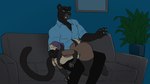 anthro black_body black_fur blue_clothing blue_shirt blue_topwear breasts brown_body brown_fur buckteeth butt butt_slap clothed clothed/nude clothed_male clothing dark_nipples digit_ring duo fangs female finger_ring fingerless_(marking) fur furniture grey_eyes hair hair_bun hair_over_eyes hanging_breasts holding_neck jewelry lying_on_another male male/female medium_breasts nipple_piercing nipple_ring nipples nude nude_female on_sofa open_mouth piercing purple_hair ring_piercing scut_tail shirt short_tail sitting sitting_on_sofa slap sofa spanked_butt spanking tail teeth thick_thighs topwear kindreddemon rettriverr lagomorph leporid mammal panthera rabbit 2d_animation animated