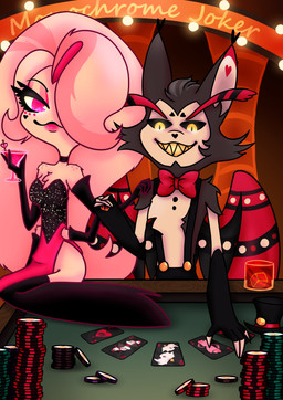 4_arms 4_fingers ace_of_hearts alcohol bedroom_eyes beverage big_hair black_body black_fur black_sclera black_wings boots bottomwear card casino chest_tuft choker clothing cocktail cocktail_glass container cup detailed_background drag_queen drinking_glass duo eyebrows eyelashes eyeshadow fingers fluffy fluffy_chest footwear freckled_shoulders freckles fur fur_markings furniture glass glass_container glass_cup glistening_eyelids glitter gloves gloves_(marking) glowing glowing_eyes grey_stripes grin hair hand_holding hand_on_shoulder handwear hat headgear headwear heart_symbol high_heeled_boots high_heels ice ice_cube jack_of_hearts jewelry king_of_hearts legwear lights lipstick long_eyelashes long_hair looking_at_viewer maidtober makeup male male/male markings multi_arm multi_limb narrowed_eyes necklace on_table pants pink_body pink_eyes pink_eyeshadow pink_fur pink_hair playing_card poker_chip poker_table queen_of_hearts_(card) red_wings royal_flush seductive sharp_teeth shoes sitting sitting_on_table slit_dress smile stripes suspenders table teeth ten_of_hearts text thick_eyebrows thigh_boots thigh_highs top_hat tuft tumbler whiskey white_body white_fur white_hair wings yellow_eyes yellow_sclera yellow_teeth monochromejoker hazbin_hotel hellaverse angel_dust husk_(hazbin_hotel) arachnid arthropod demon domestic_cat felid feline felis humanoid mammal 2026 absurd_res digital_media_(artwork) english_text hi_res shaded signature
