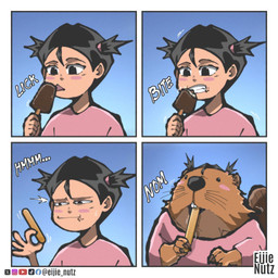 4_panel_comic ambiguous_gender black_hair blush brown_body brown_fur buckteeth clothing duo emanata female feral food fur gradient_background hair holding_food holding_object light_body light_skin narrowed_eyes onomatopoeia pigtails popsicle popsicle_stick shirt short_hair simple_background sound_effects teeth text tongue tongue_out topwear transformation whiskers young eijie_nutz unnamed_character beaver human mammal rodent 1:1 digital_drawing_(artwork) digital_media_(artwork) hi_res